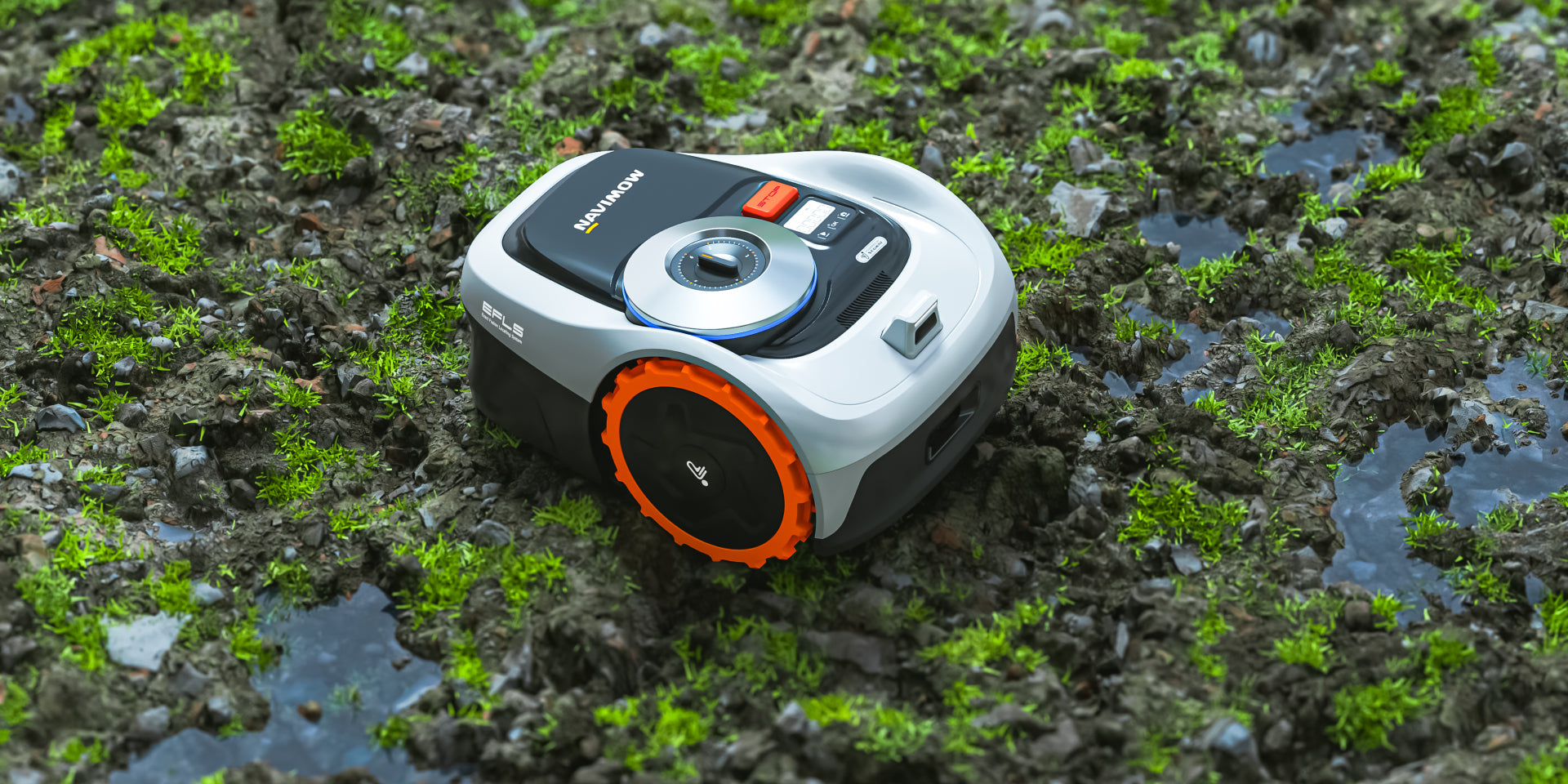 Navimow i105E robot lawn mower on muddy ground with grass.