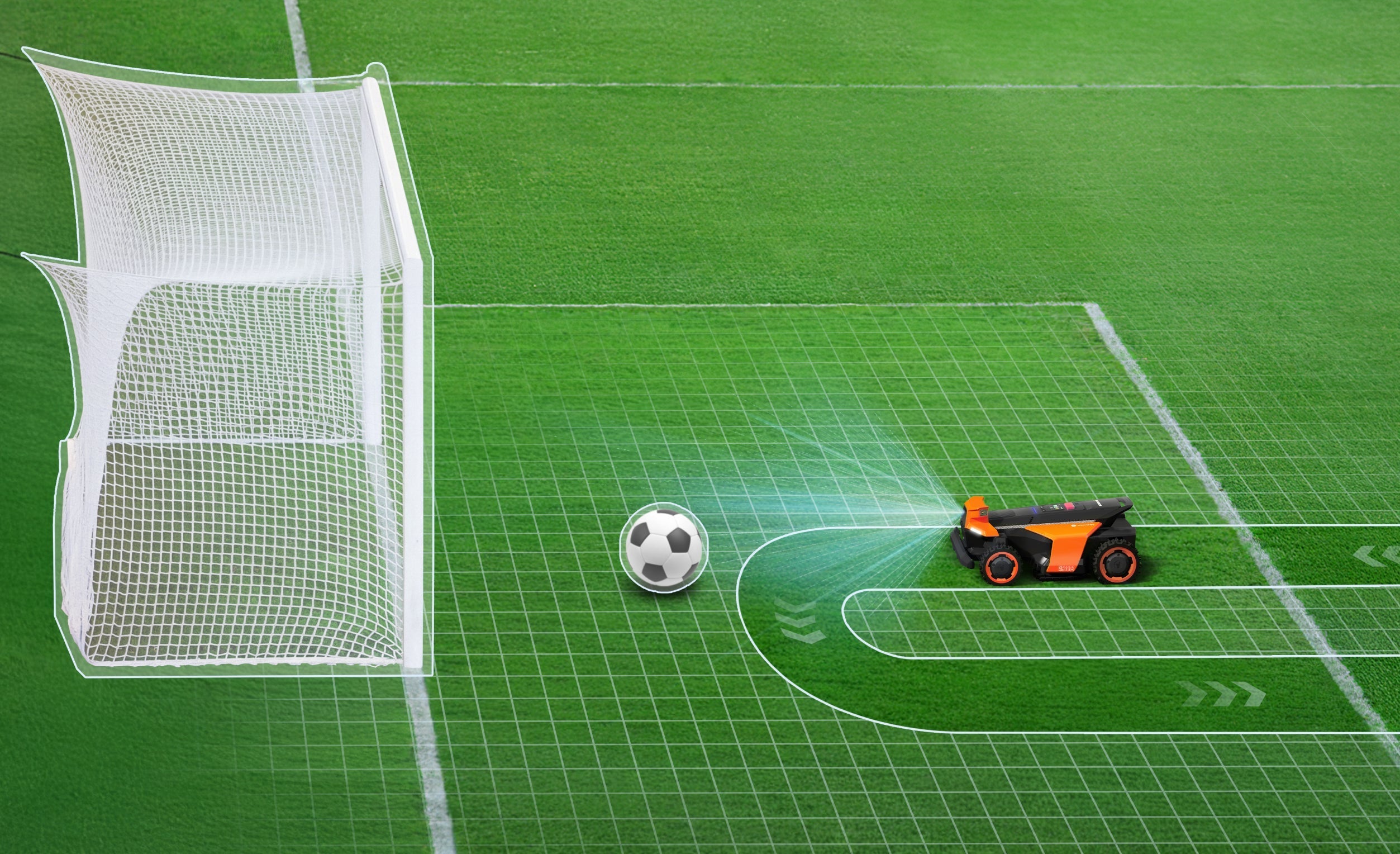 Navimow i110N robot lawn mower mows a green soccer field.