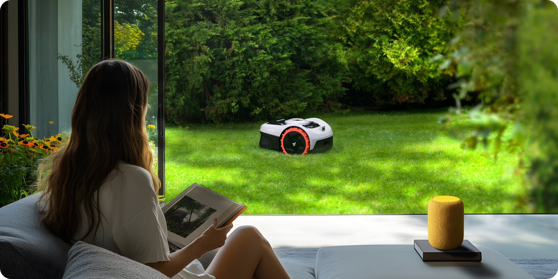 Navimow i110N robot lawn mower mows grass while she reads.