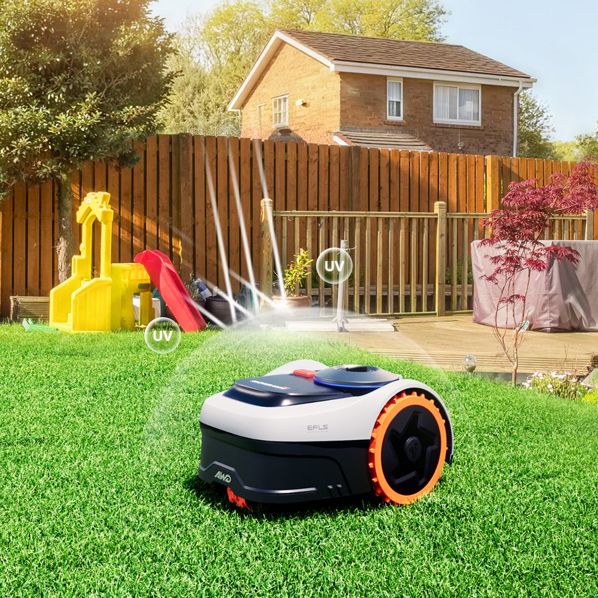 Navimow i110E robot lawn mower mows grass in a garden.