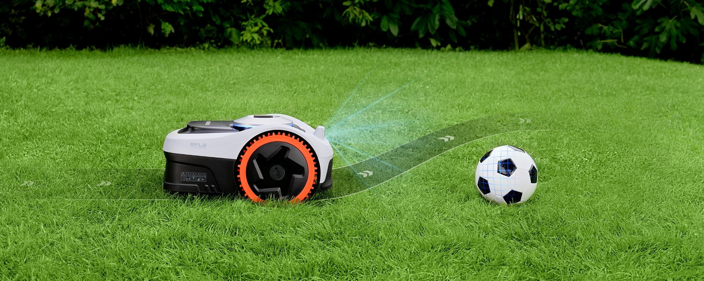 Navimow i110E robot lawn mower avoids hitting the soccer ball.