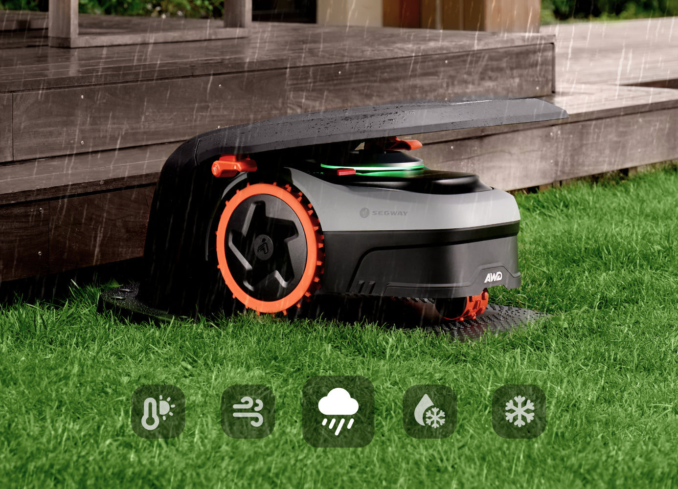 Segway Navimow AWD robot lawn mower parked under rain cover.