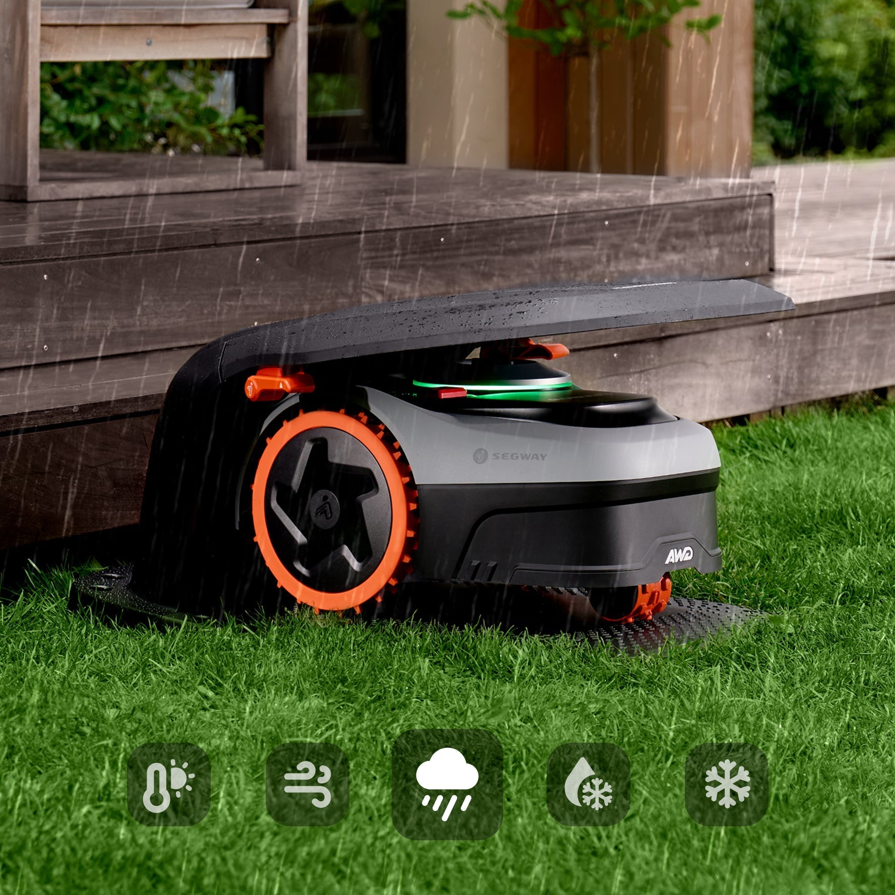 Segway Navimow i110N AWD robot lawn mower parked in rain.