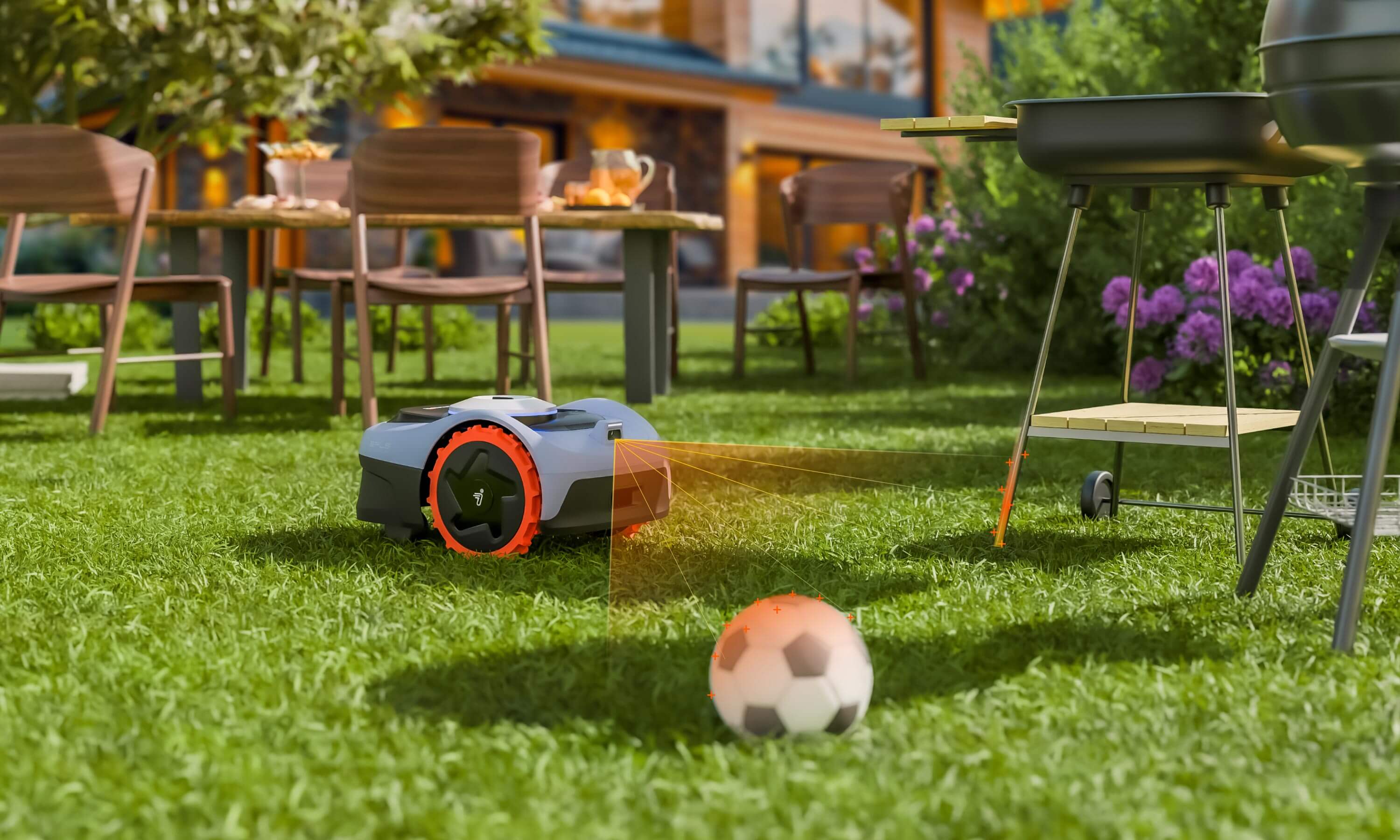 Navimow i110E robot lawn mower detects soccer ball in backyard.