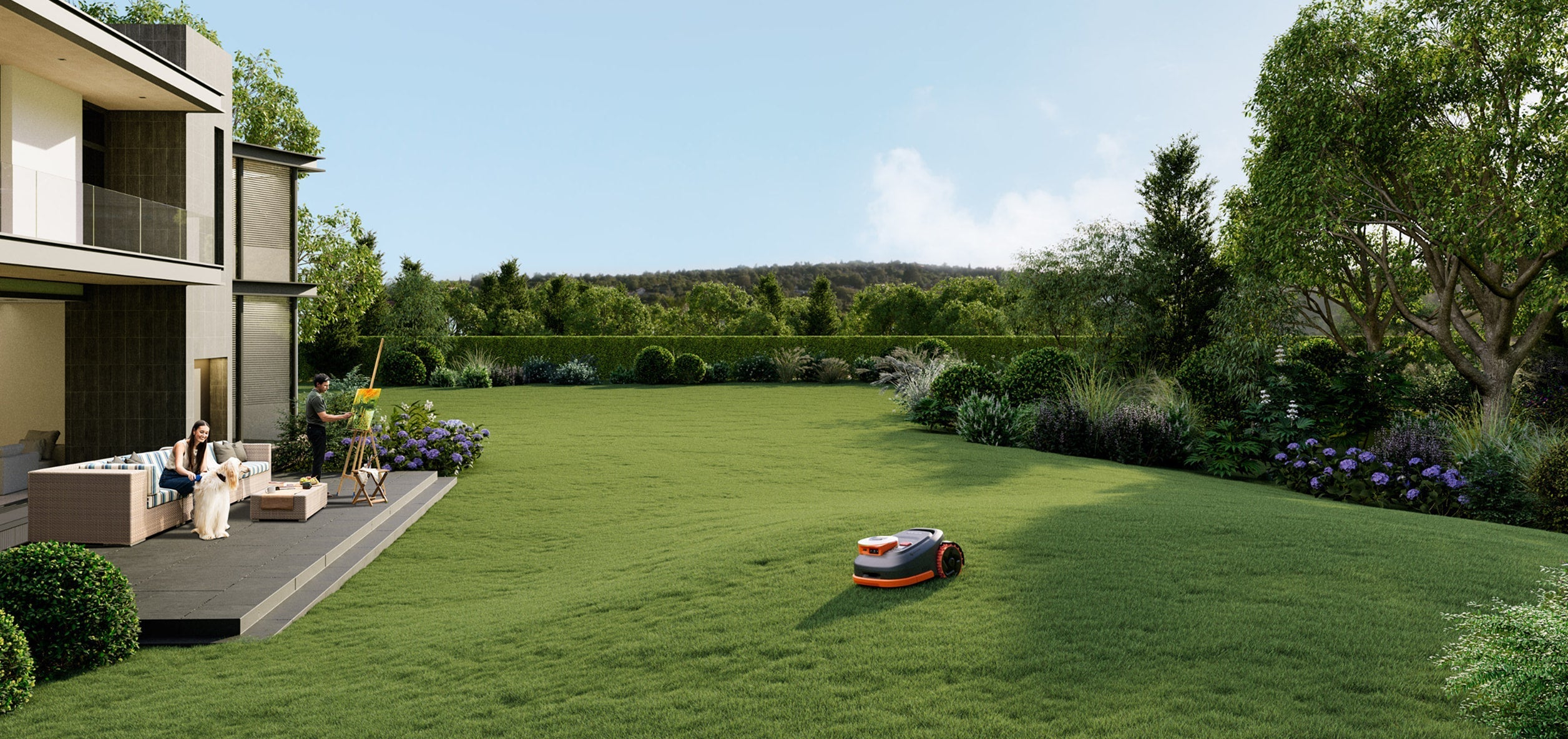 Navimow i Series robot lawn mower mows a large backyard.