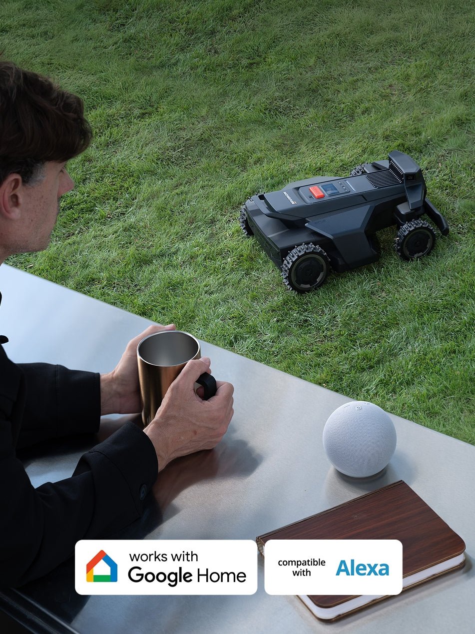 Navimow i110E robot lawn mower works with Google and Alexa.
