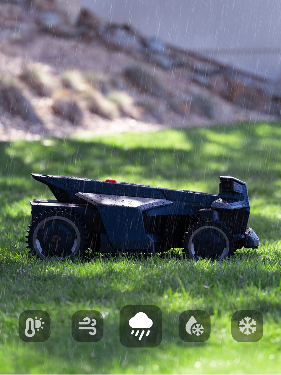 The Navimow i110N robot lawn mower operates in the rain.