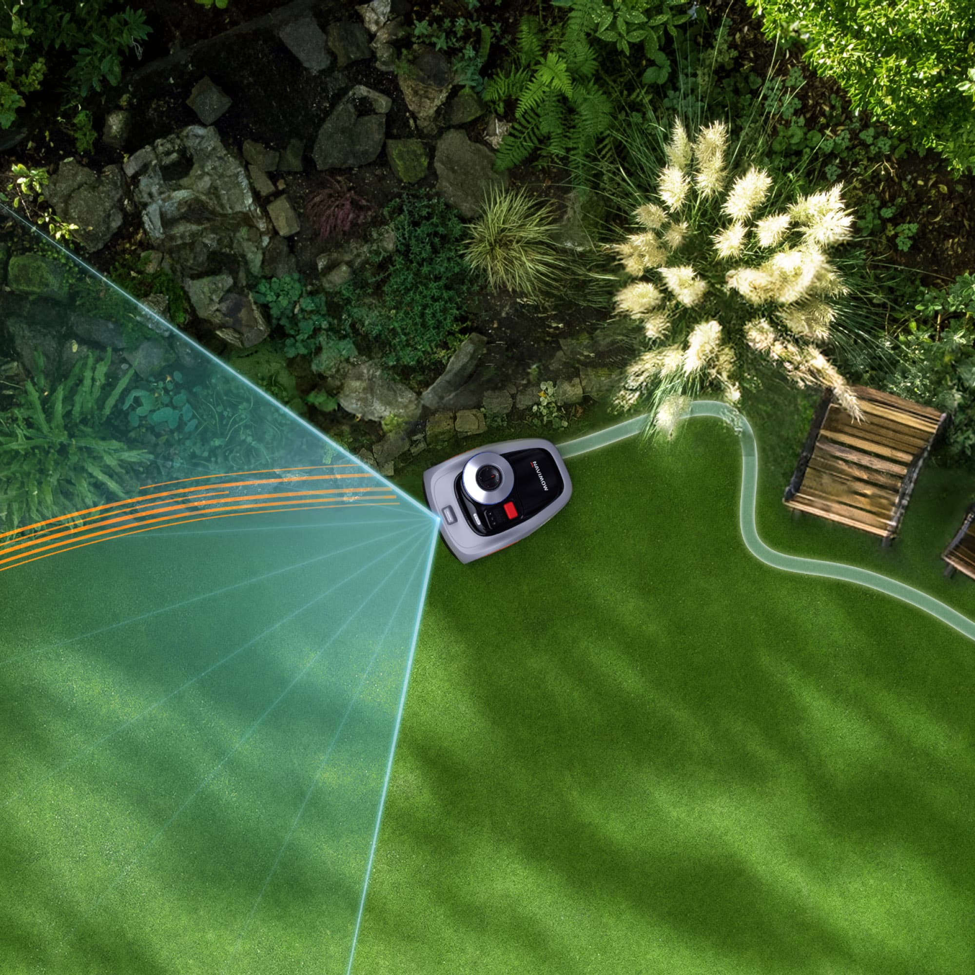 Navimow i110N robot lawn mower in a lush green garden.