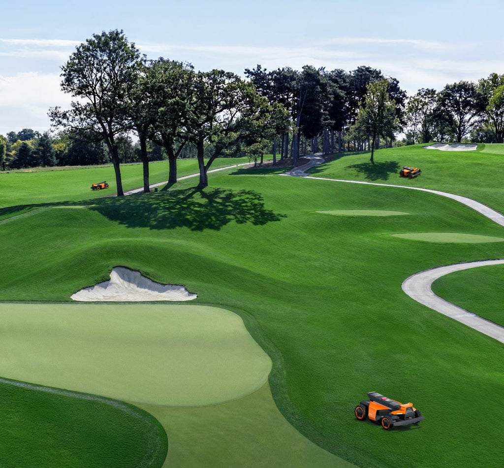 Navimow i110N robot lawn mower on a green golf course.