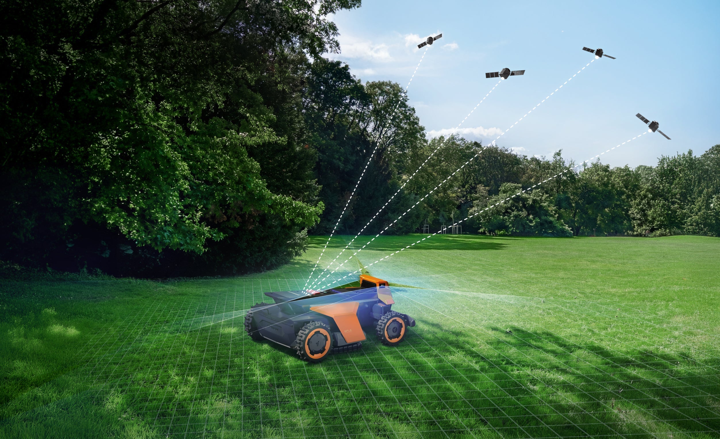 Segway Navimow robot lawn mower mows grass using four satellites.
