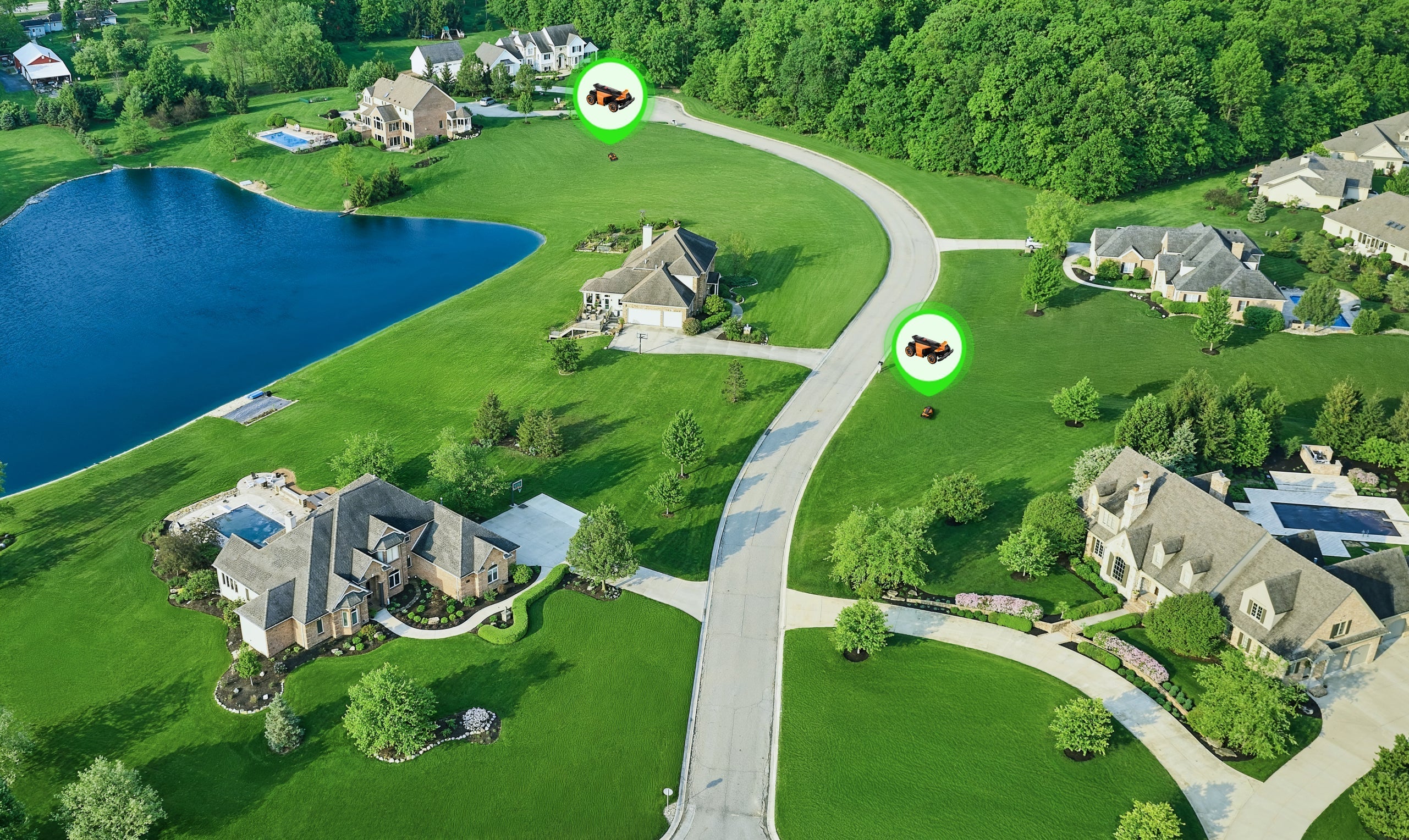 Navimow i110S robot lawn mower mows large green suburban yards.