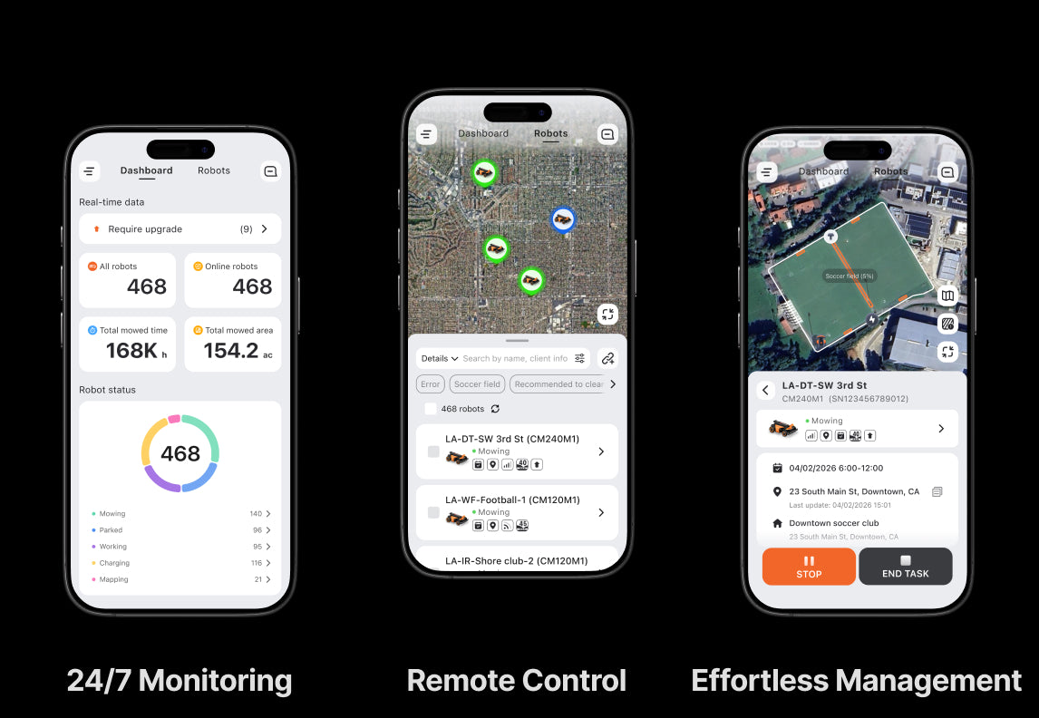 Navimow CM240M1 robot lawn mower app showing fleet management dashboards.