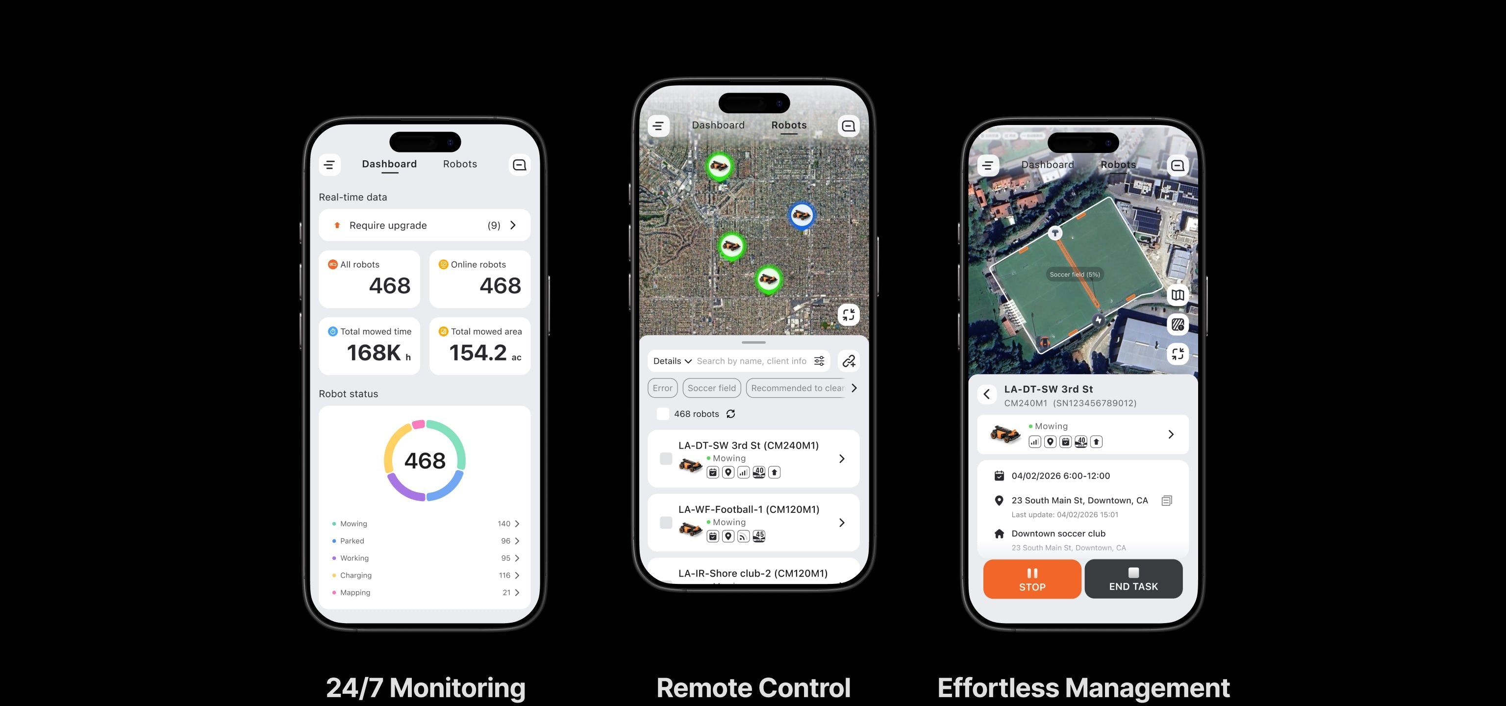 Navimow CM240M1 robot lawn mower app showing monitoring and management.