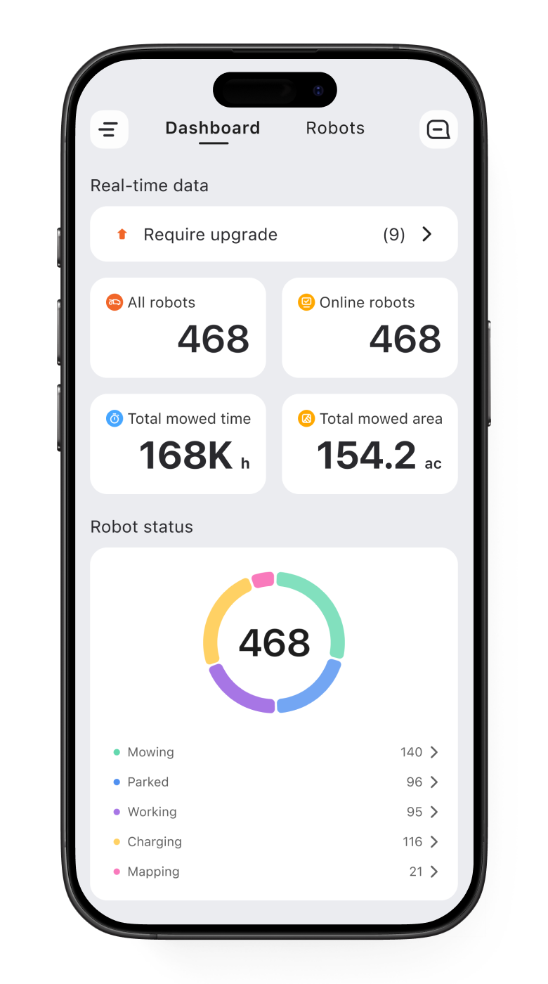 Navimow i110E robot lawn mower dashboard app on mobile screen.