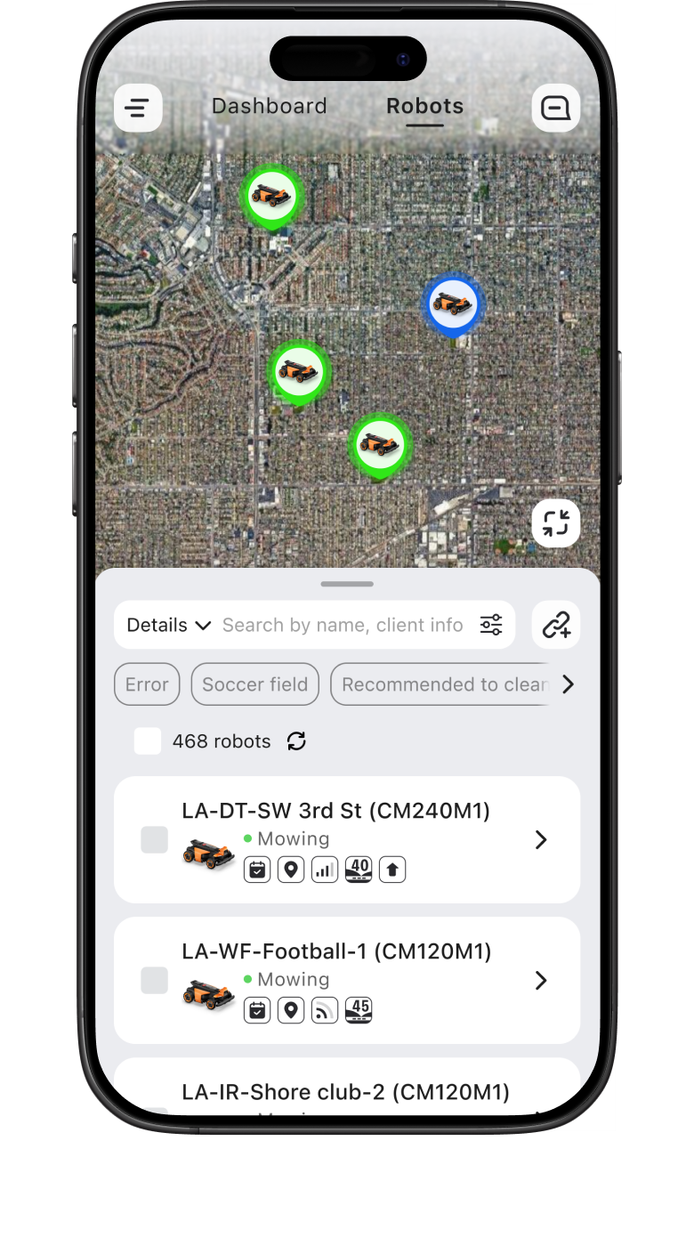 Navimow CM240M1 robot lawn mower fleet on a digital map dashboard.
