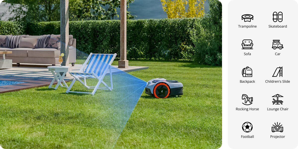 Segway Navimow i110N robot lawn mower avoids various objects on grass.