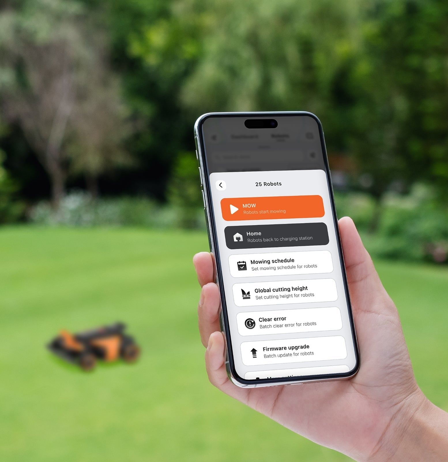 Navimow i105 robot lawn mower app is shown on phone.