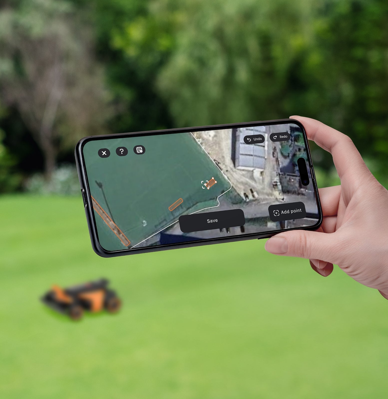 Navimow i110E robot lawn mower app mapping a green backyard.