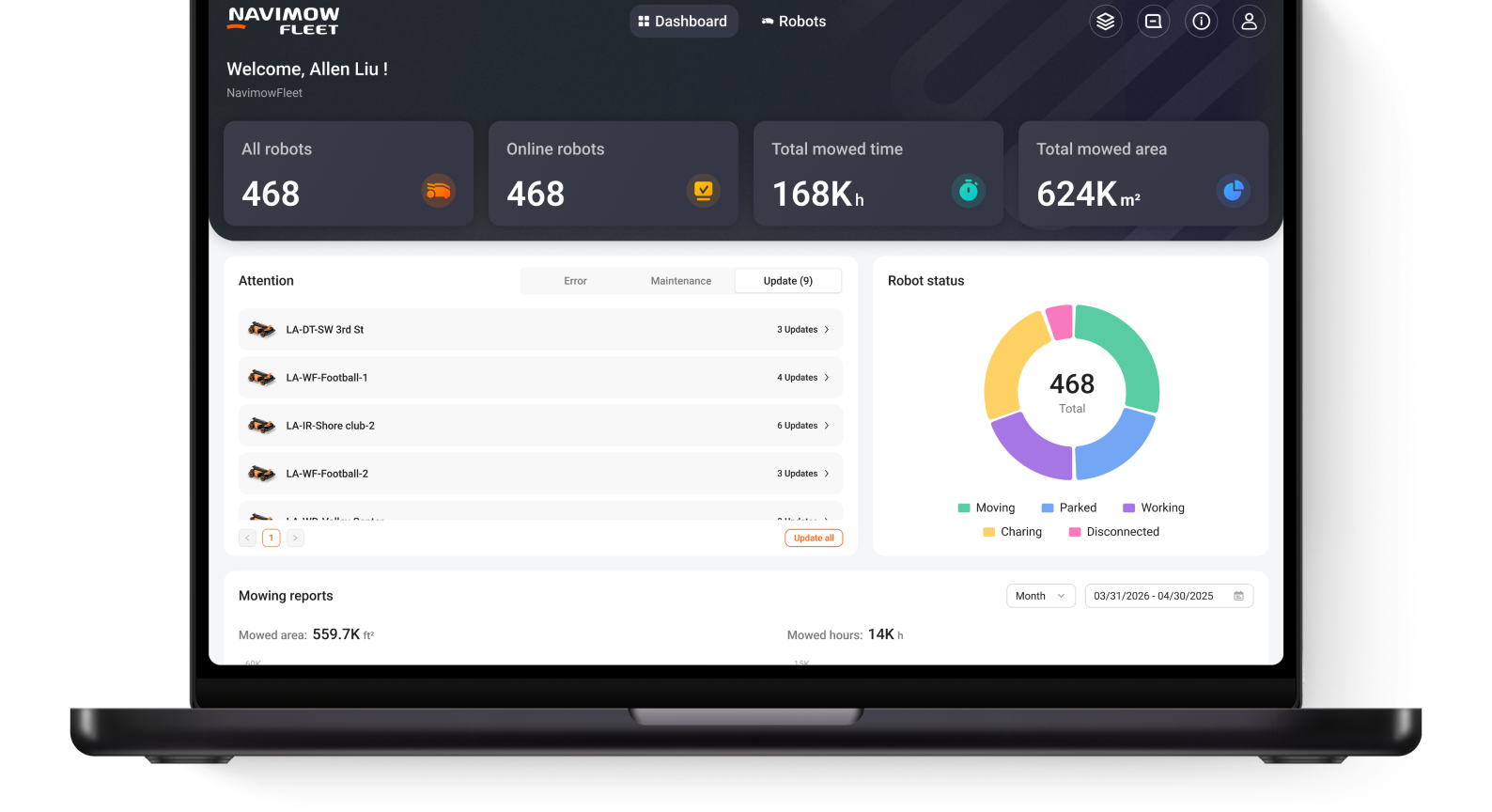 Navimow Fleet robot lawn mower dashboard is shown on laptop.