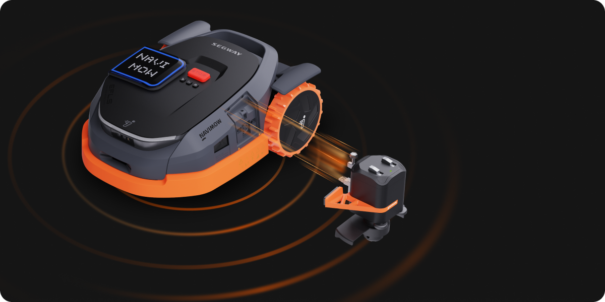 Segway Navimow robot lawn mower with its wireless signal transmitter.
