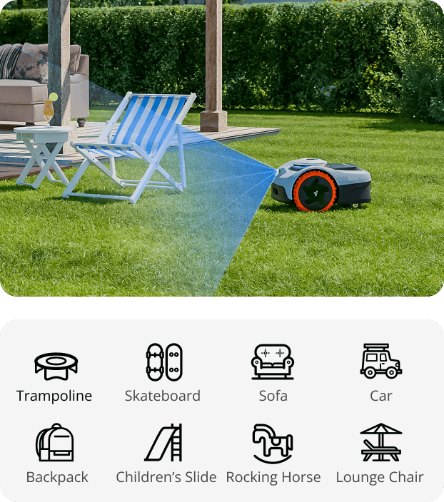Navimow i105 robot lawn mower detects and avoids backyard obstacles.