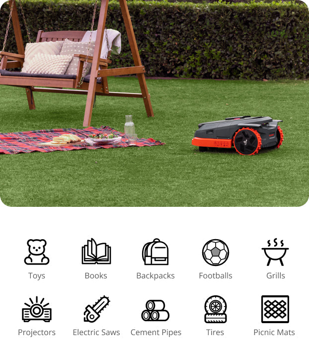 Navimow i110E robot lawn mower mows grass near the swing.