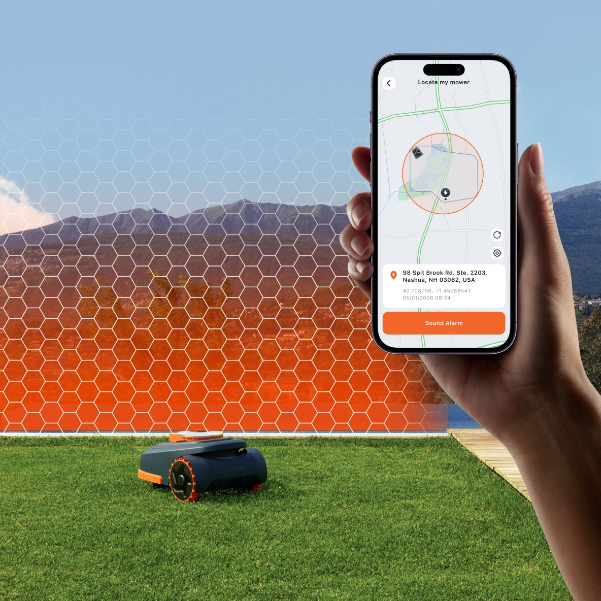 Navimow i110N robot lawn mower is monitored by a smartphone.