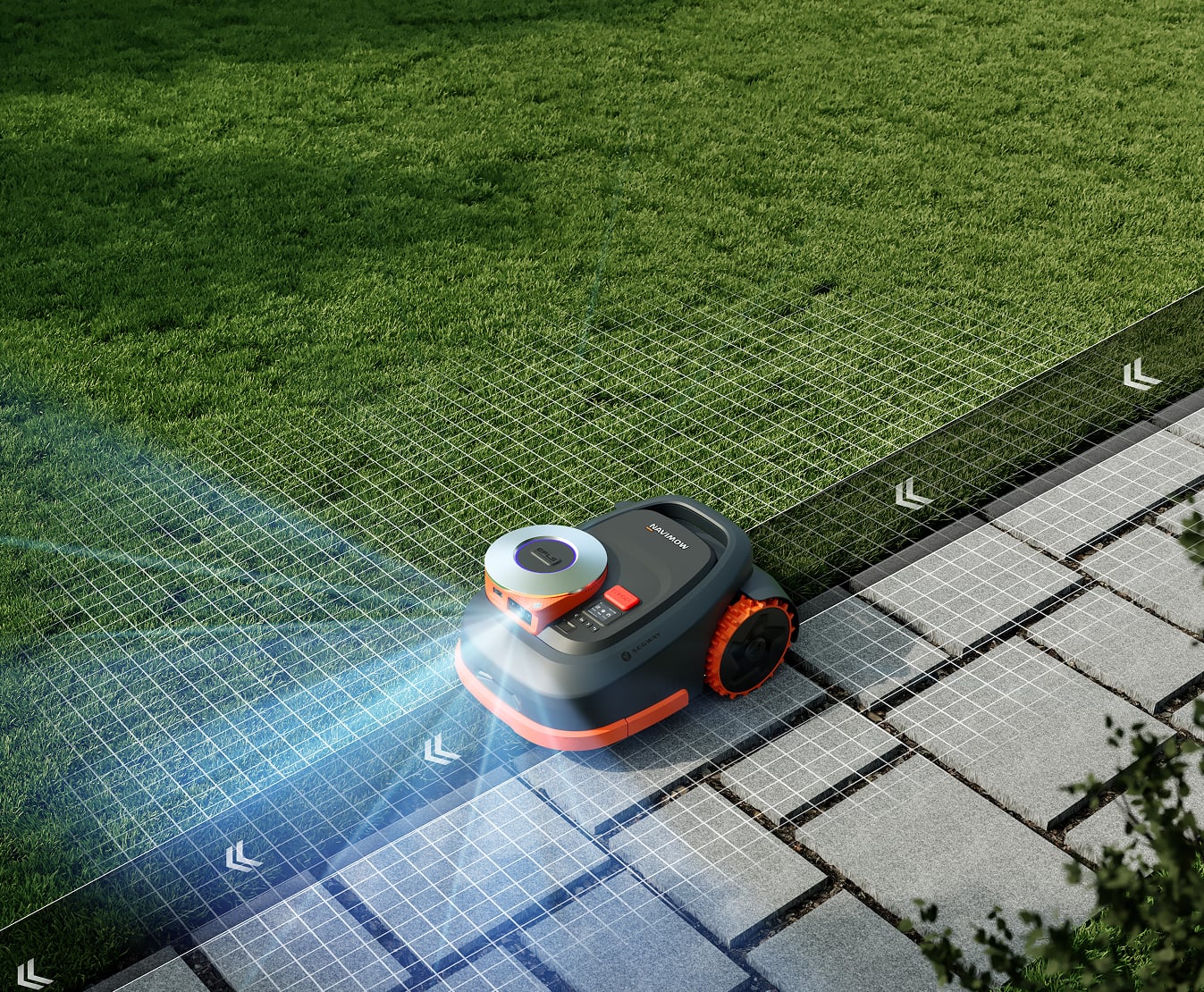 Navimow i110 robot lawn mower mowing the green garden grass.