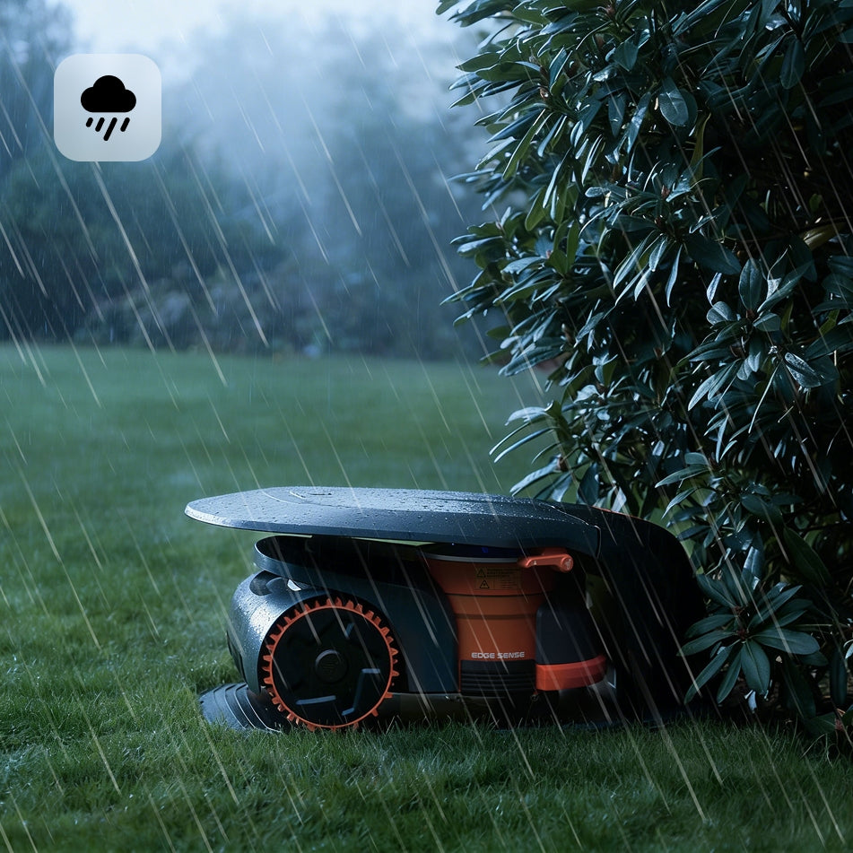 Navimow i105E robot lawn mower is parked in the rain.