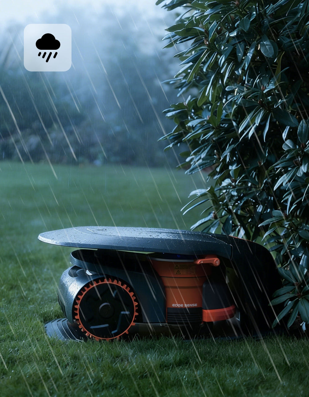 Navimow i110 robot lawn mower sits in the heavy rain.