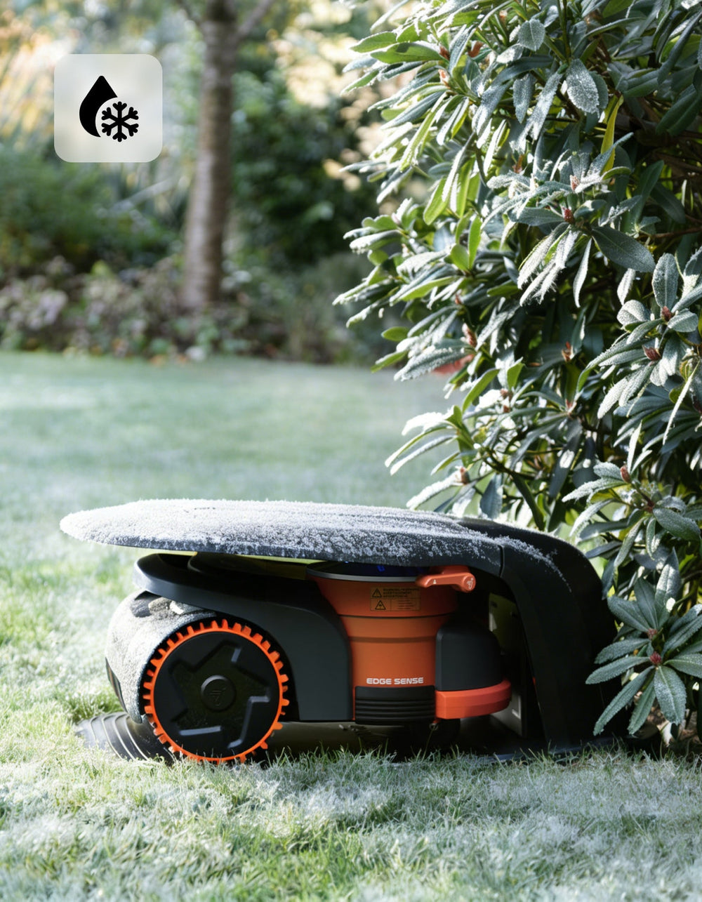 Navimow i Series robot lawn mower parked in frosty grass.