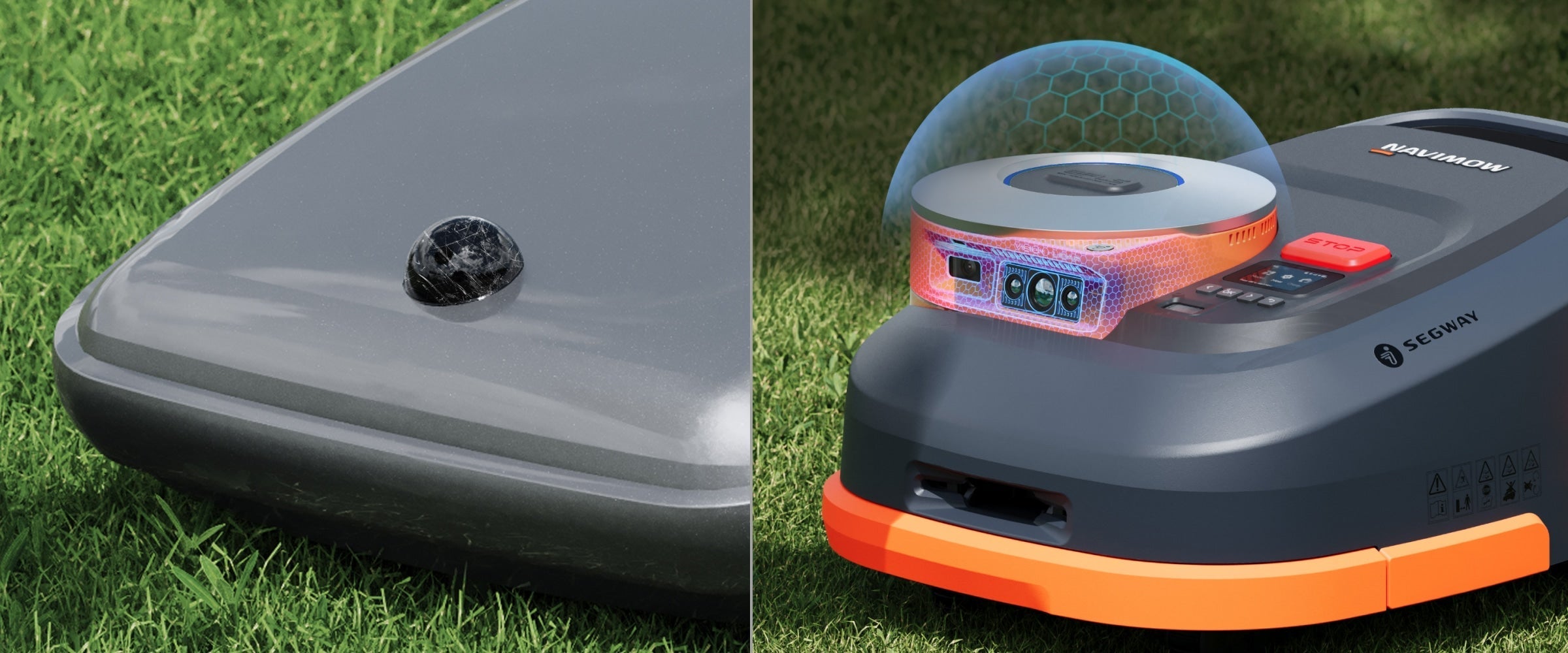 Segway Navimow robot lawn mower is on the green lawn.