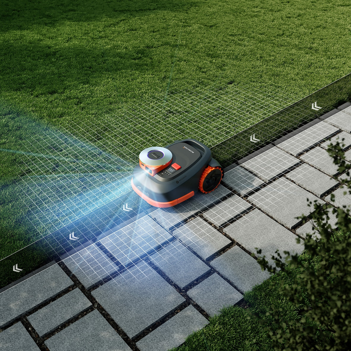 A Segway Navimow i110N robot lawn mower mows green grass.