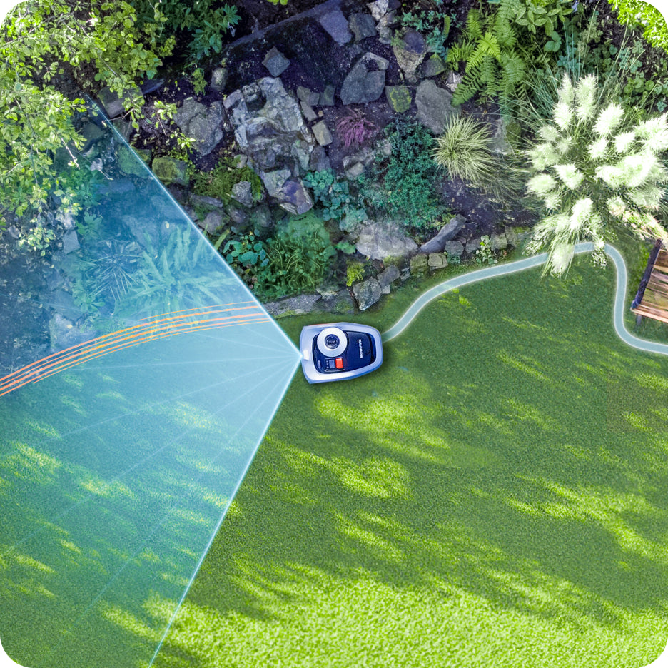 Navimow i Series robot lawn mower navigating through a garden.