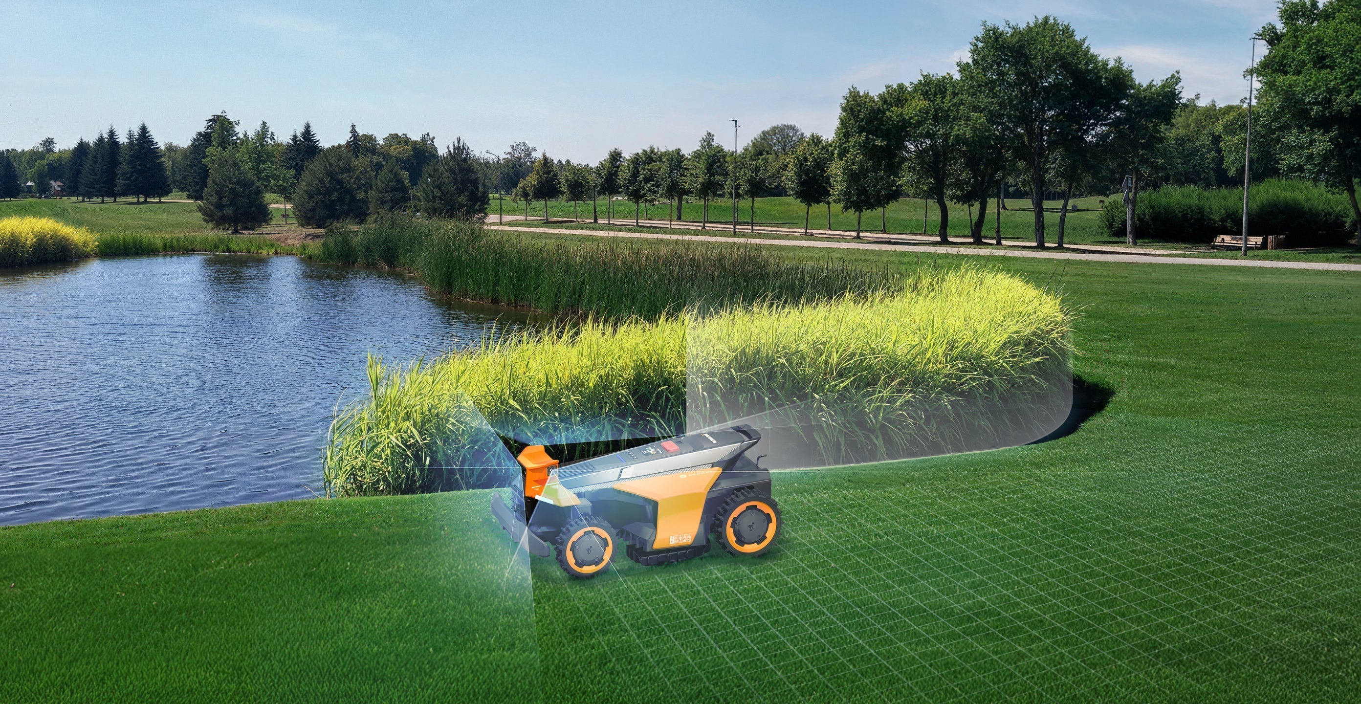 Segway Navimow i110E robot lawn mower mows the green grass.