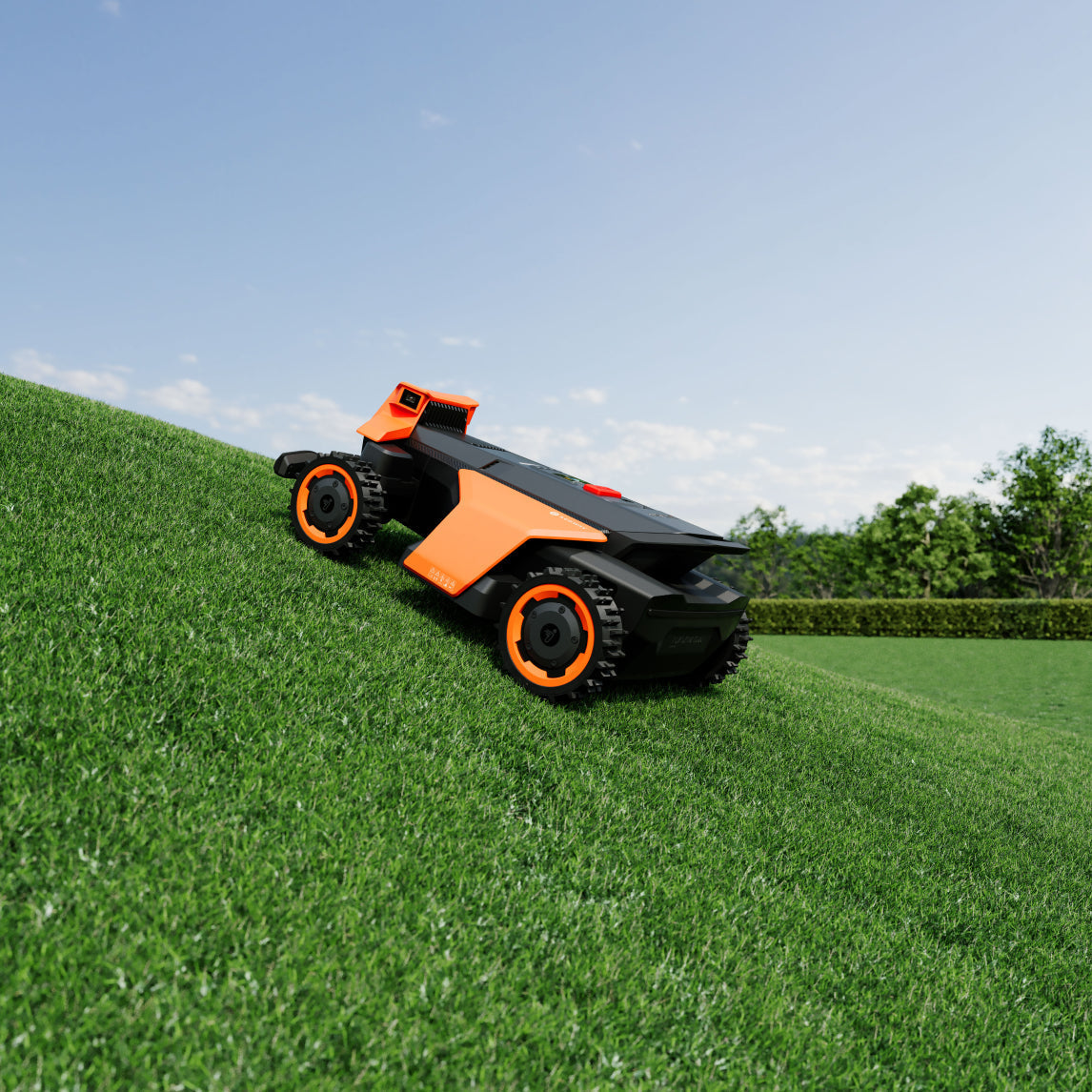Navimow i110E robot lawn mower navigating a steep grassy hill.