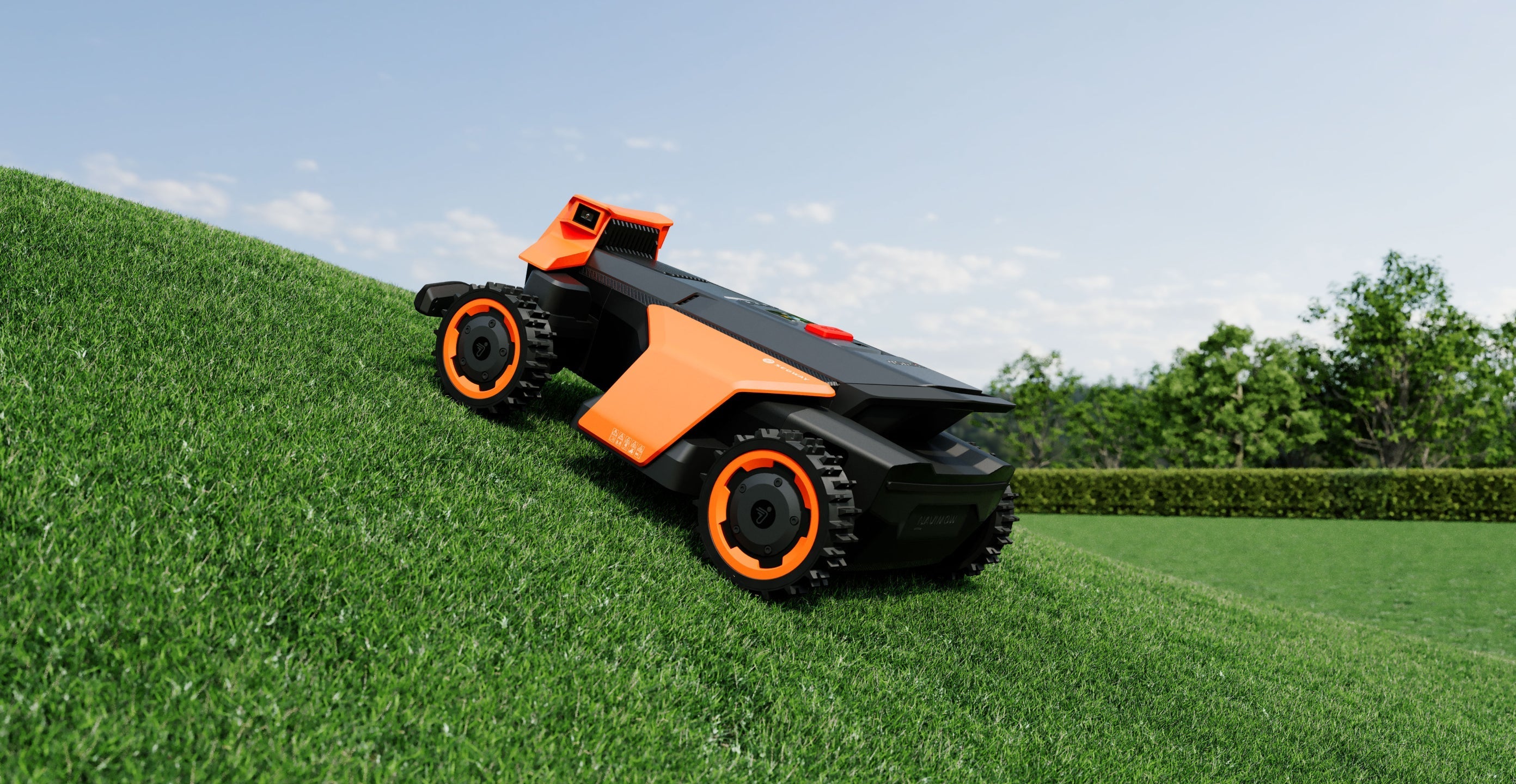 Segway Navimow i Series robot lawn mower climbs a hill.
