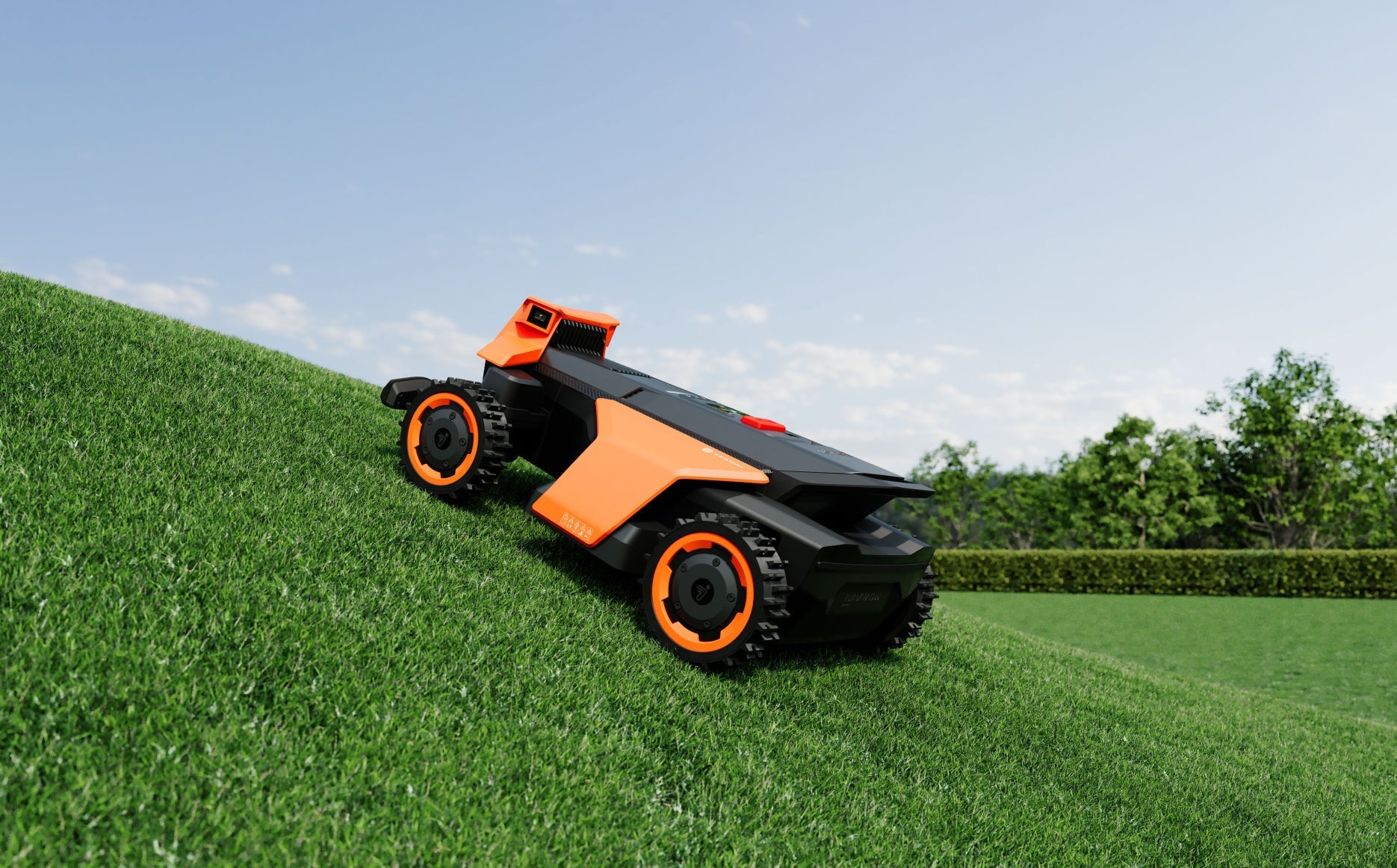 Segway Navimow i110N robot lawn mower climbing a steep hill.