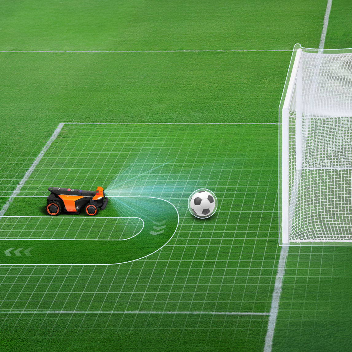 Navimow i110N robot lawn mower avoids soccer ball on pitch.