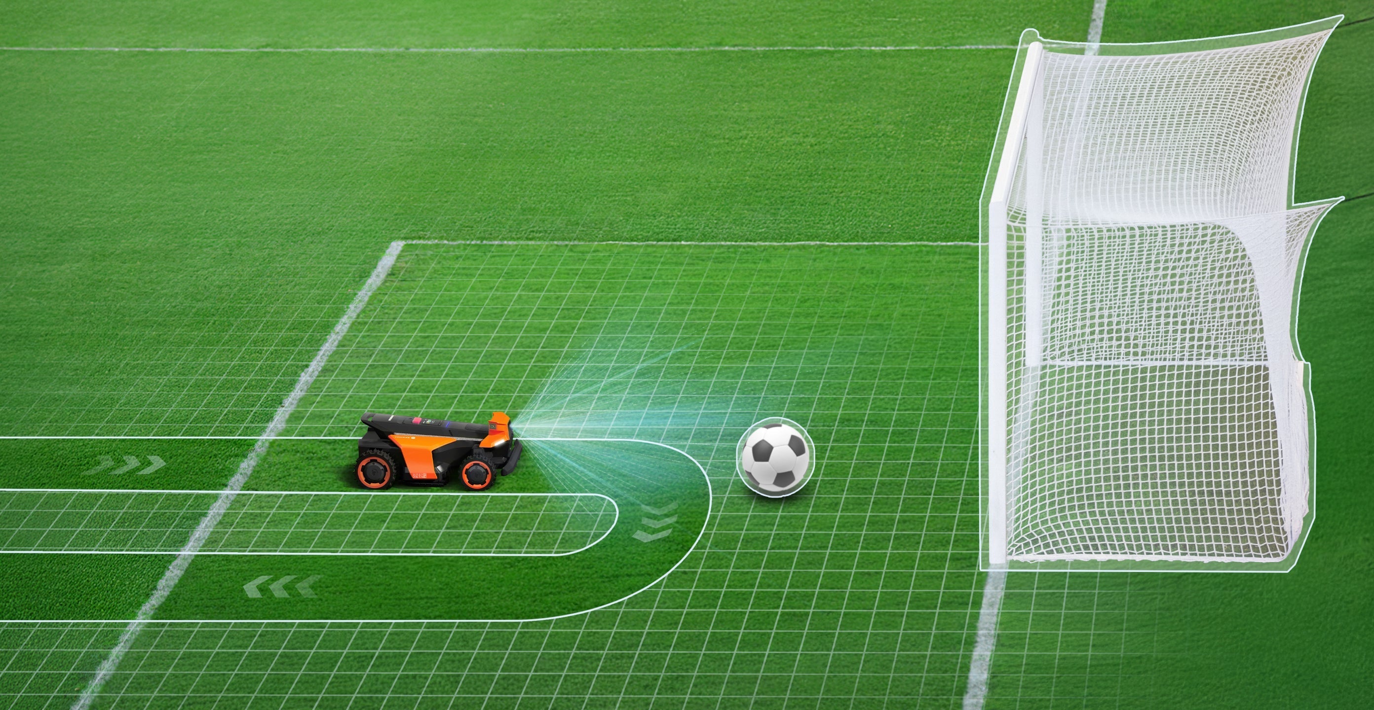 Navimow i110N robot lawn mower avoids soccer ball on field.