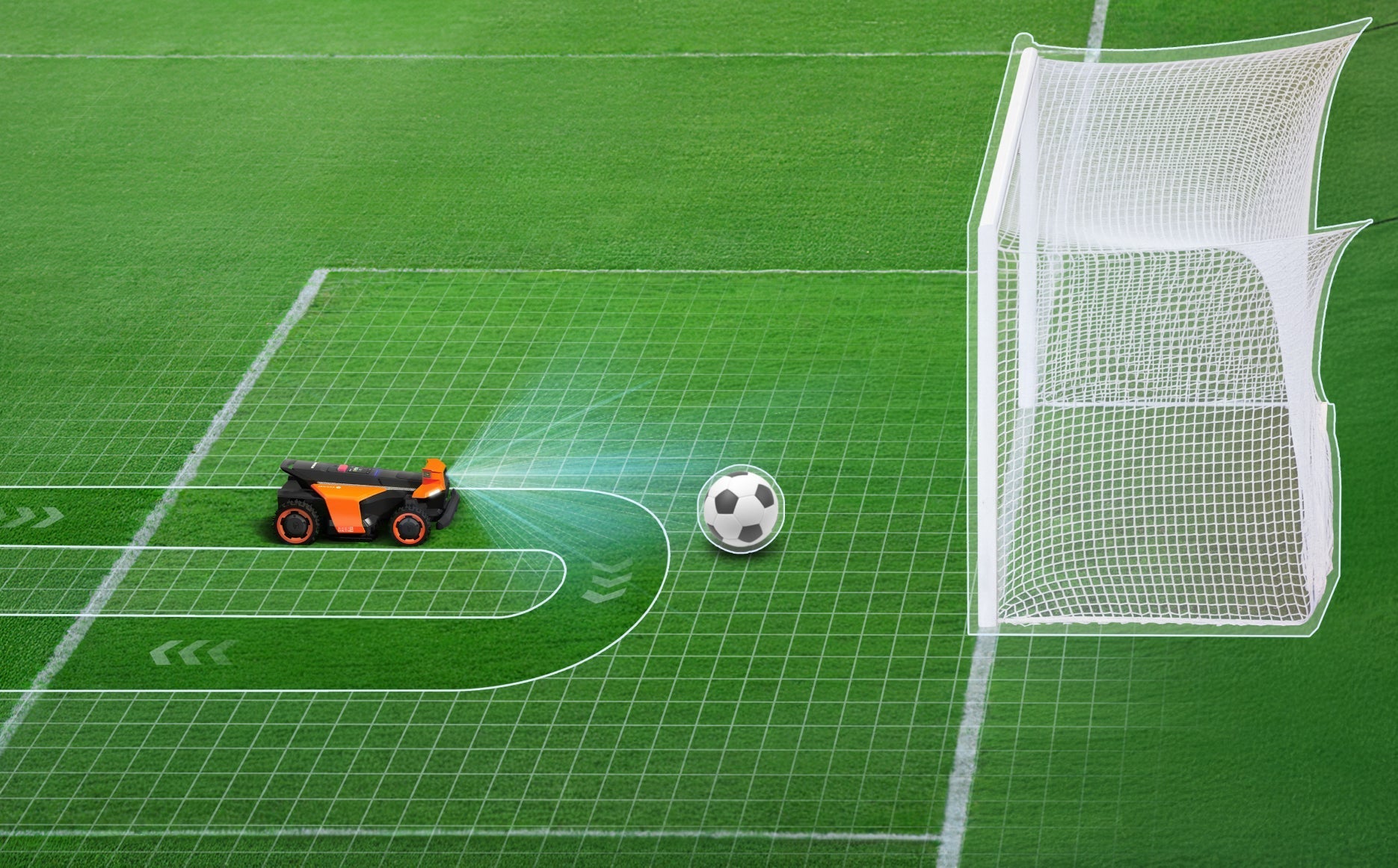 Navimow i110N robot lawn mower on the green soccer field.