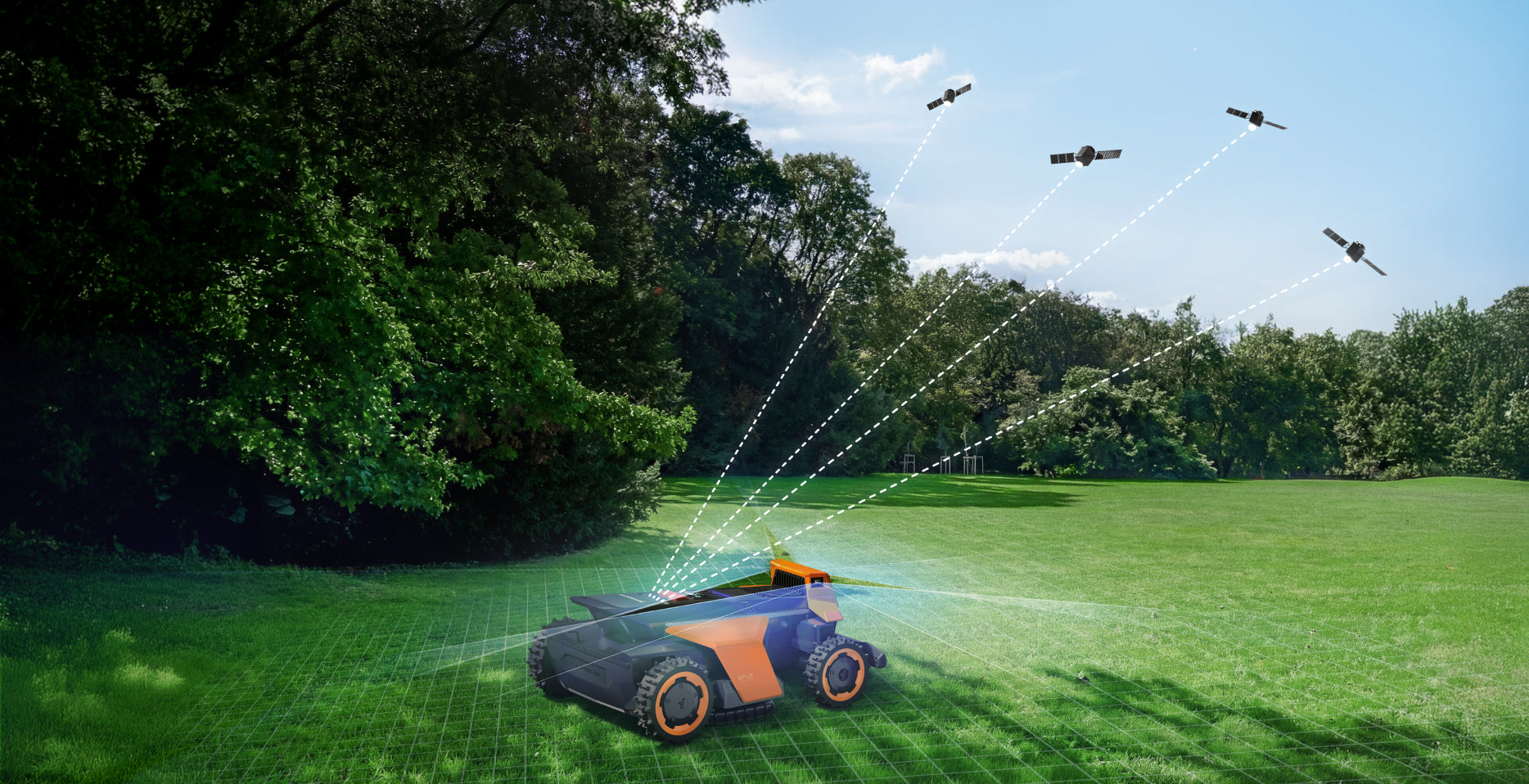 Navimow i110E robot lawn mower mows the lush green lawn.