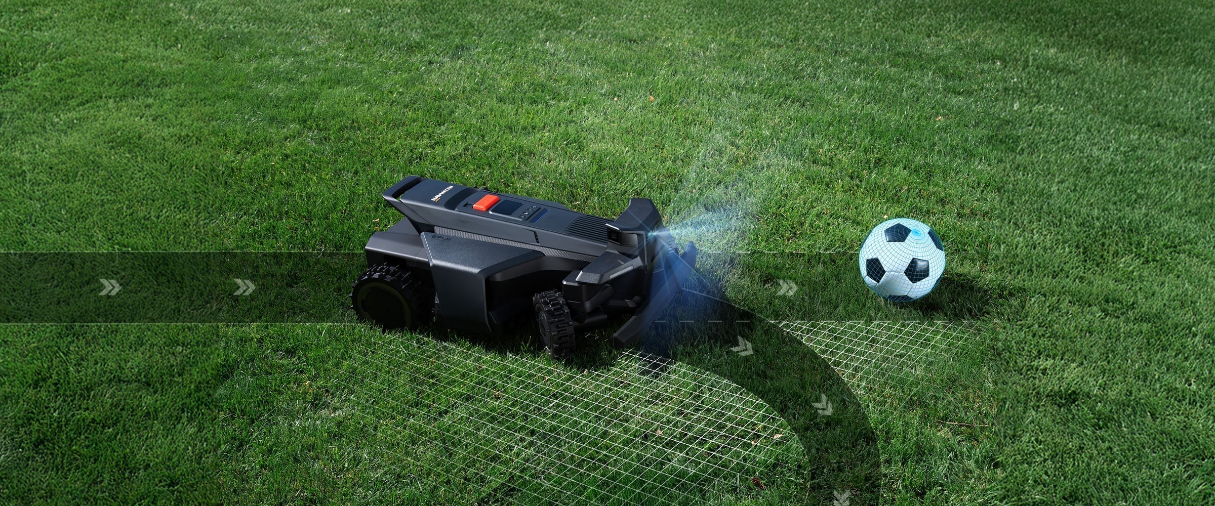 Navimow i110N robot lawn mower avoids hitting a soccer ball.