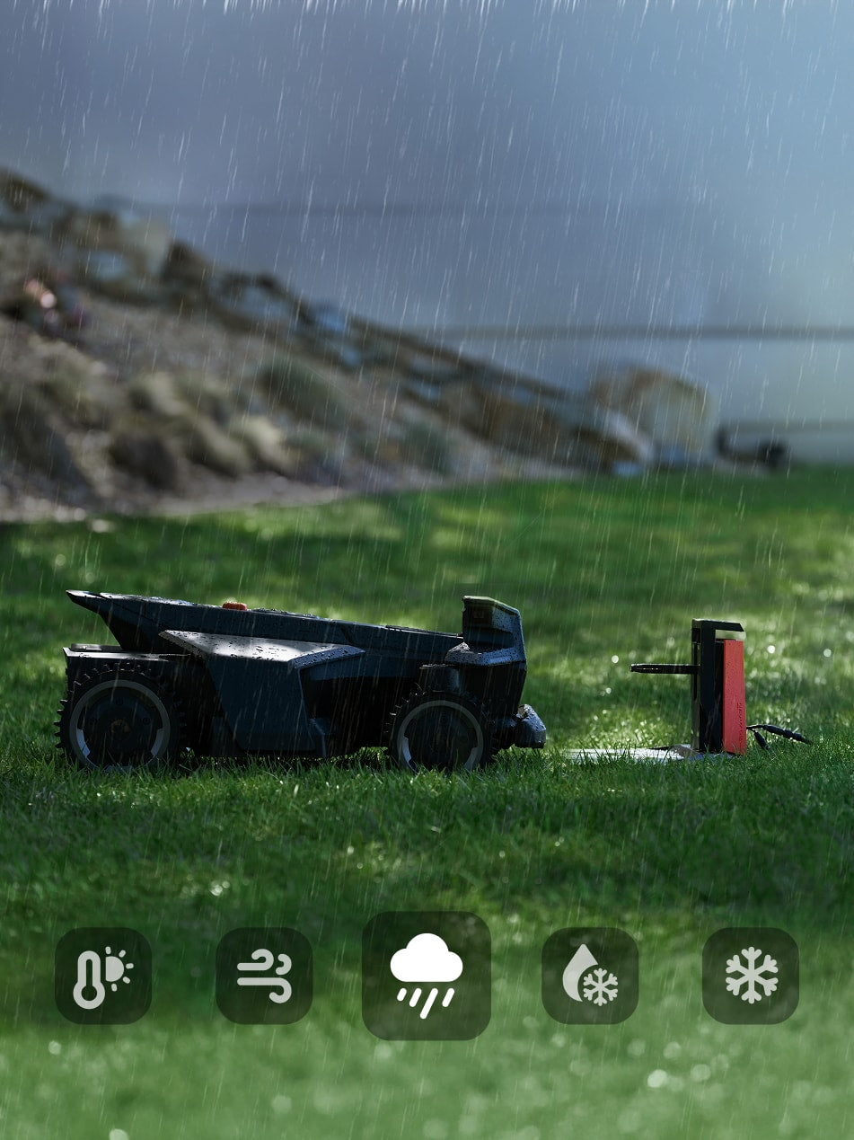 Navimow i105 robot lawn mower mows grass in the rain.