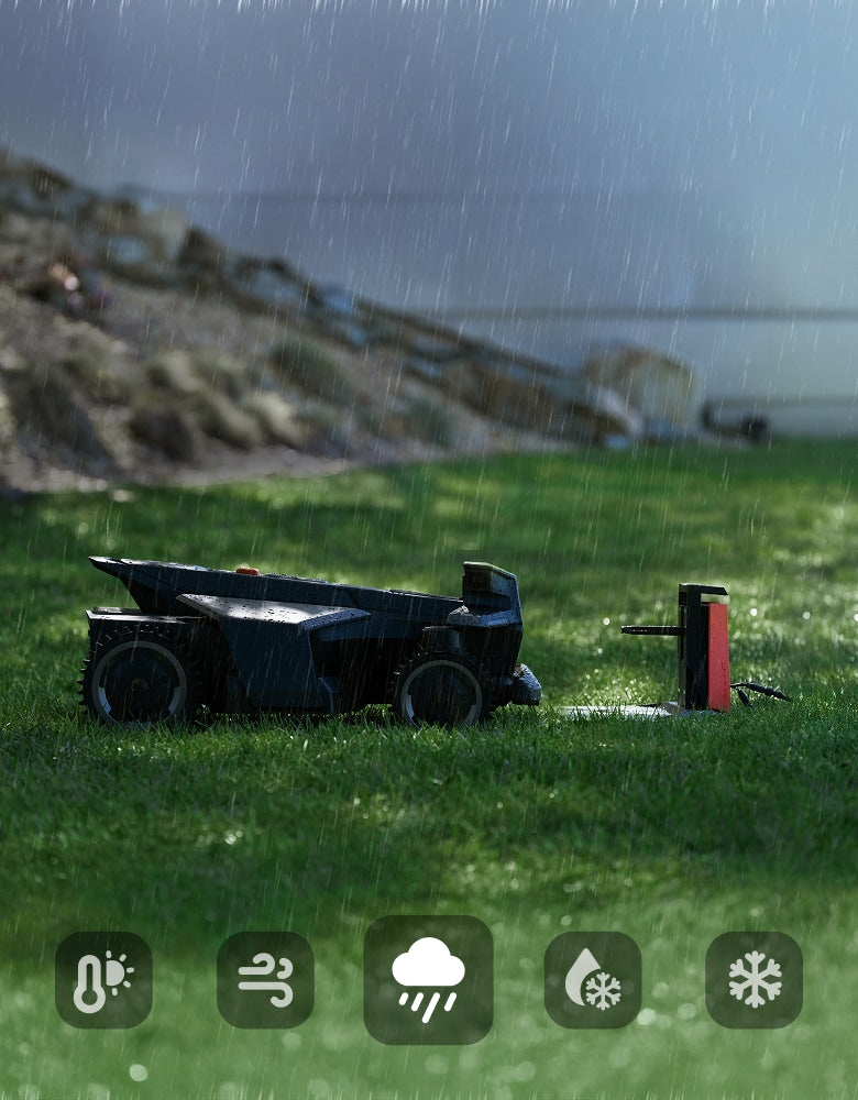 Navimow i105E robot lawn mower mows the grass in rain.