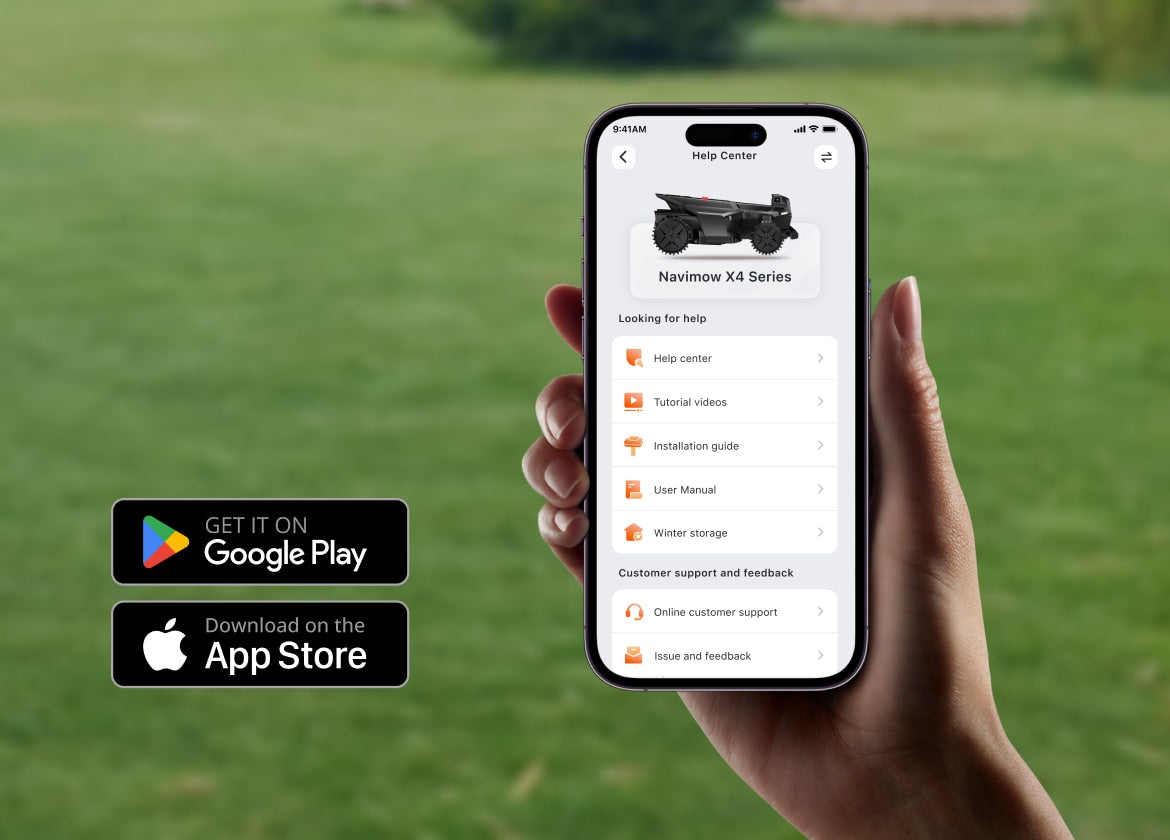 Navimow X4 Series robot lawn mower shown on smartphone screen.