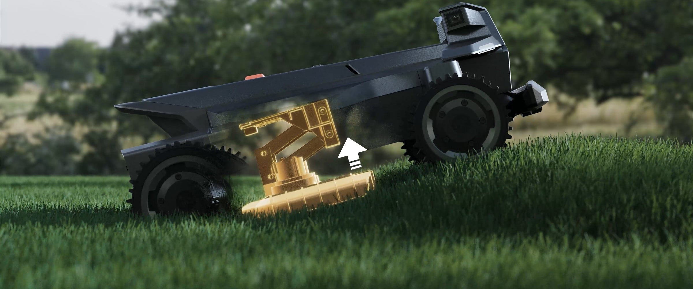 Navimow i110E robot lawn mower features an adjustable cutting deck.