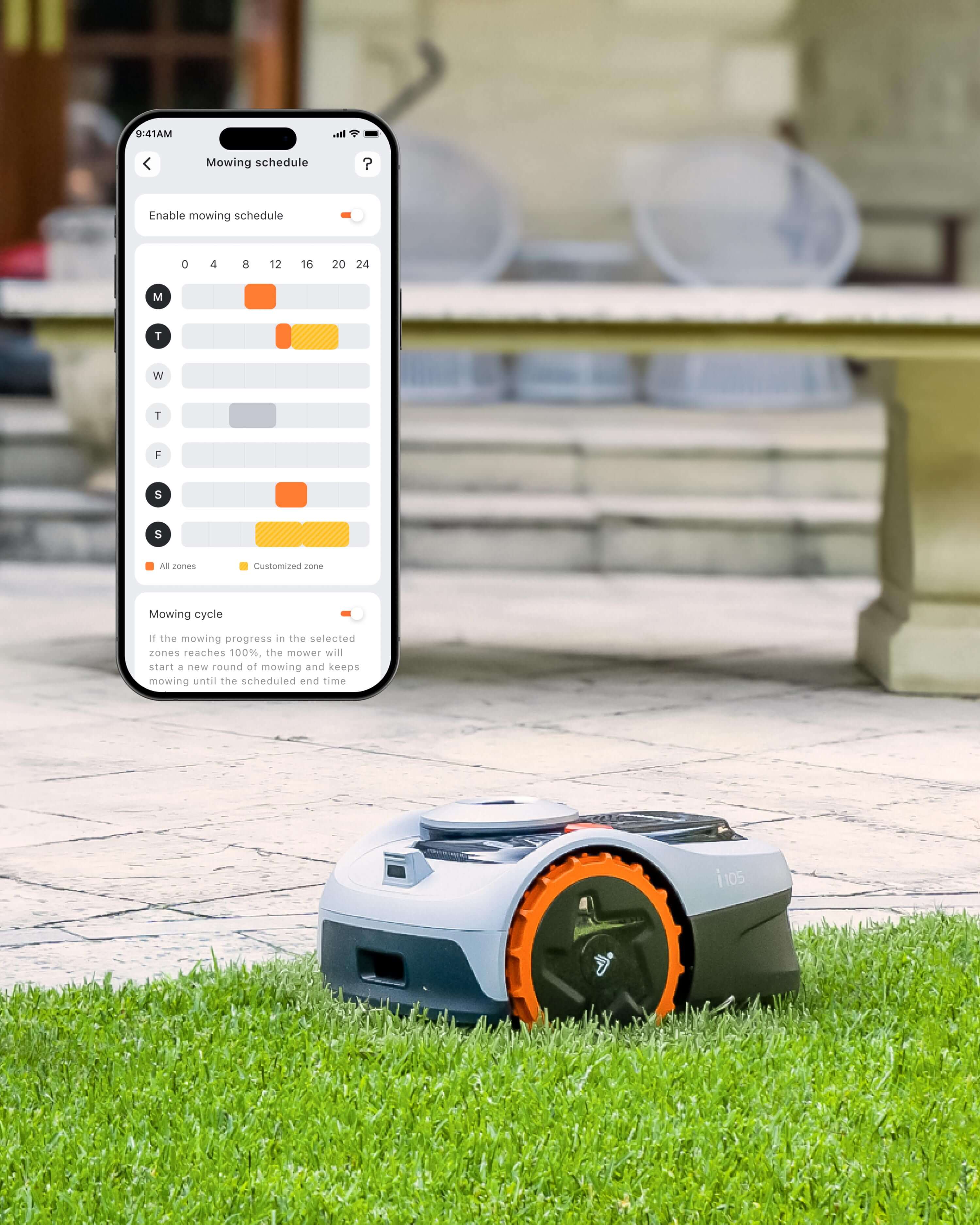 Navimow i105 robot lawn mower being programmed by a smartphone.