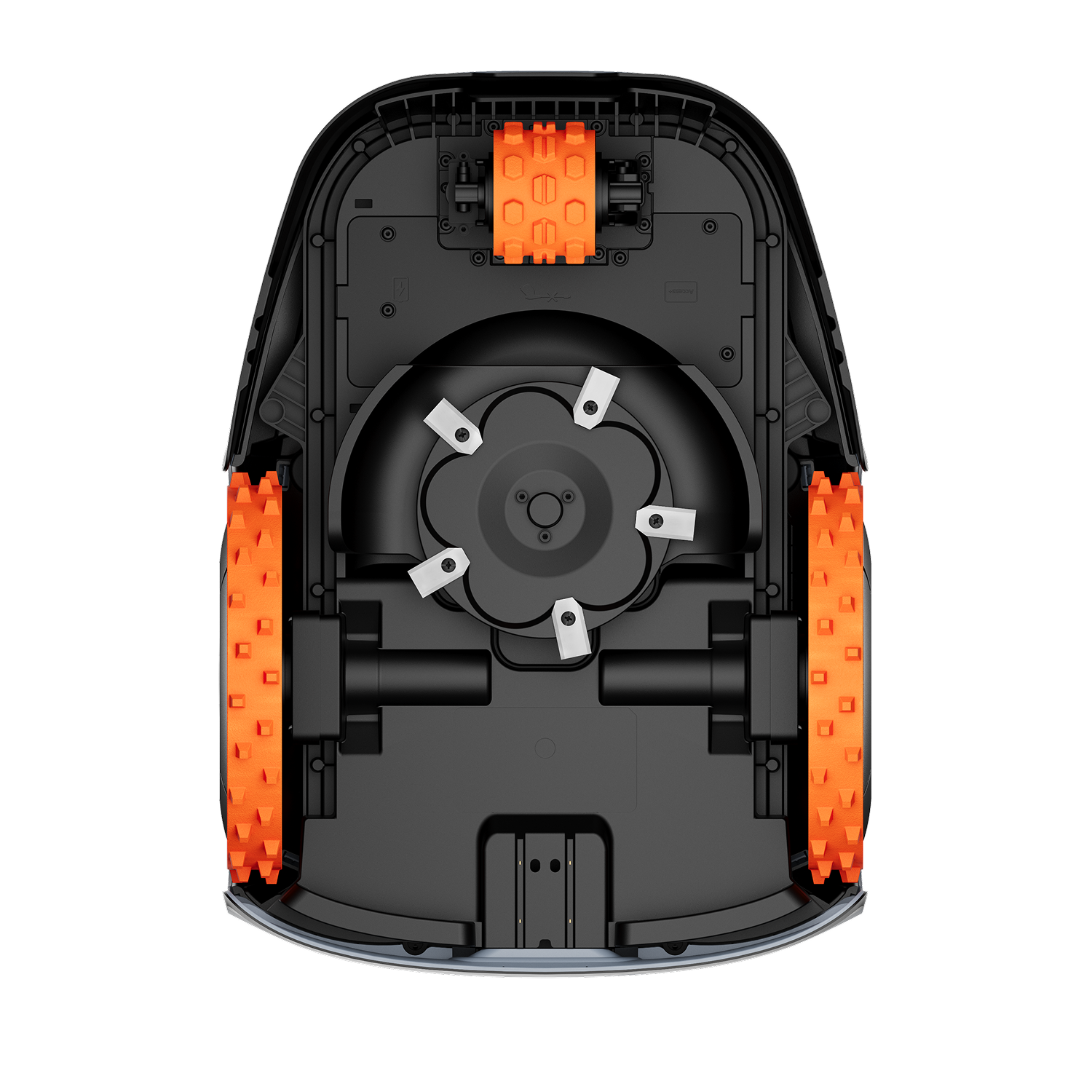 Navimow i105E robot lawn mower viewed from the bottom side.