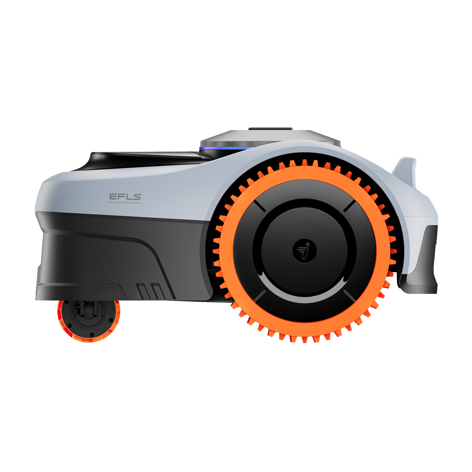 A Segway Navimow i105E robot lawn mower with orange wheels.